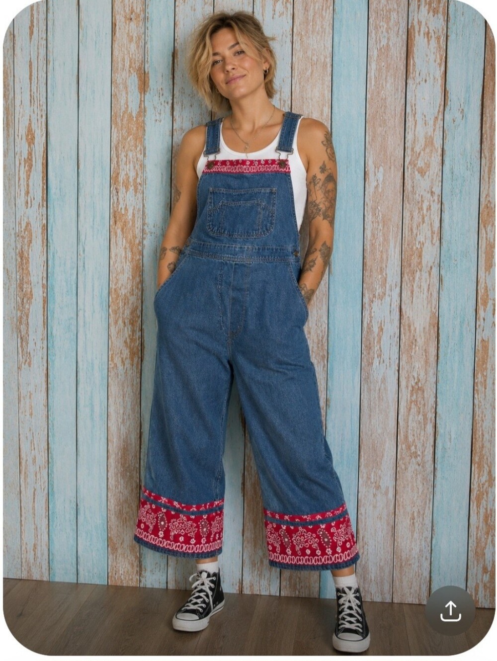 Vintage Agapo cropped denim overalls W/a red paisley bandana Print. Size L